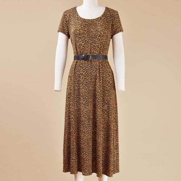 Vintage 90s Leopard Glitter Animal Print Stretchy Knit A-line Midi Dress S M - Picture 1 of 8